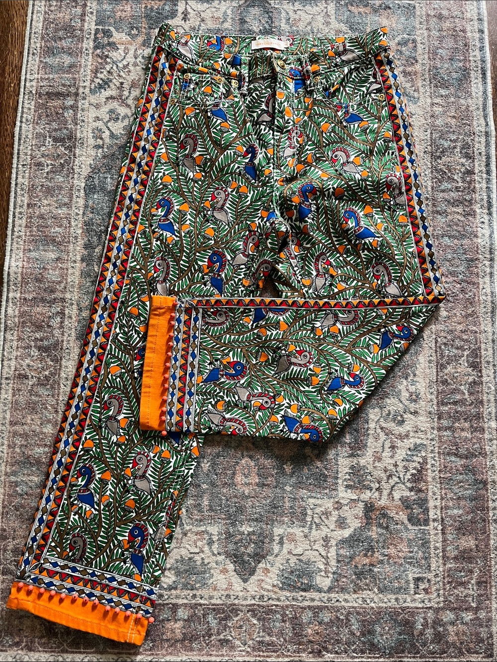 Tory Burch bird Multicolor Printed Cotton Pants with Orange Trim and beading